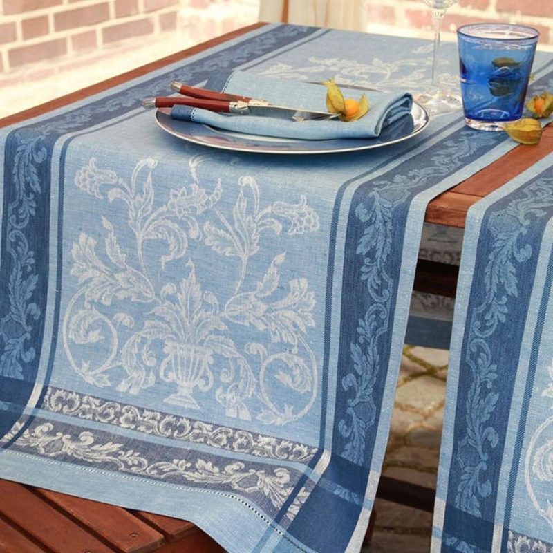 Leinen Jacquard Tischläufer 50 x cm mit GOLD Ju-Lein 22 BLUE Hohlsaum Haus - Nr. von 150