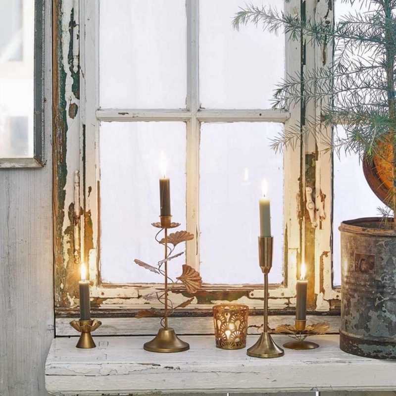 Kerzenständer für 1 Stabkerze mit zarten goldenen Gingko Blättern - Haus  Nr. 22