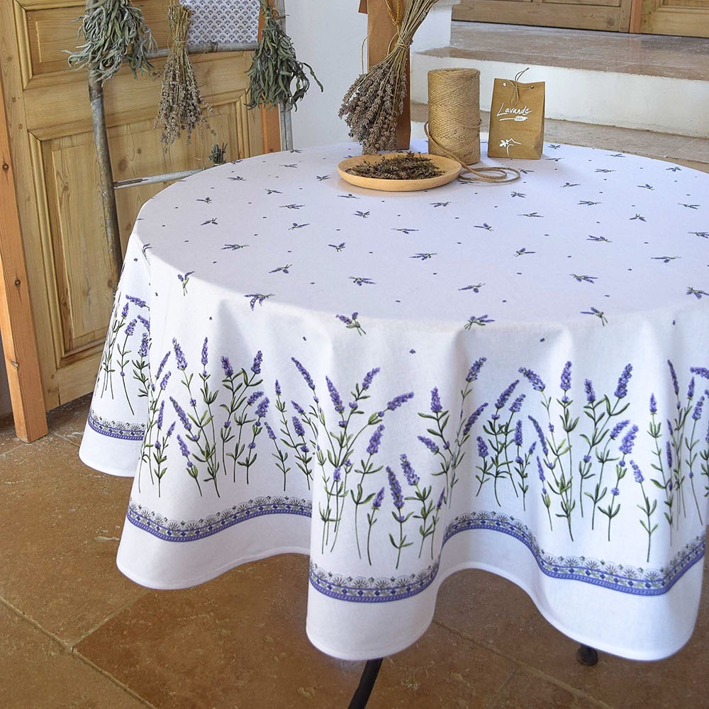 Beschichtete Provence Tischdecke Ø175 cm weiß mit Lavendelblüten
