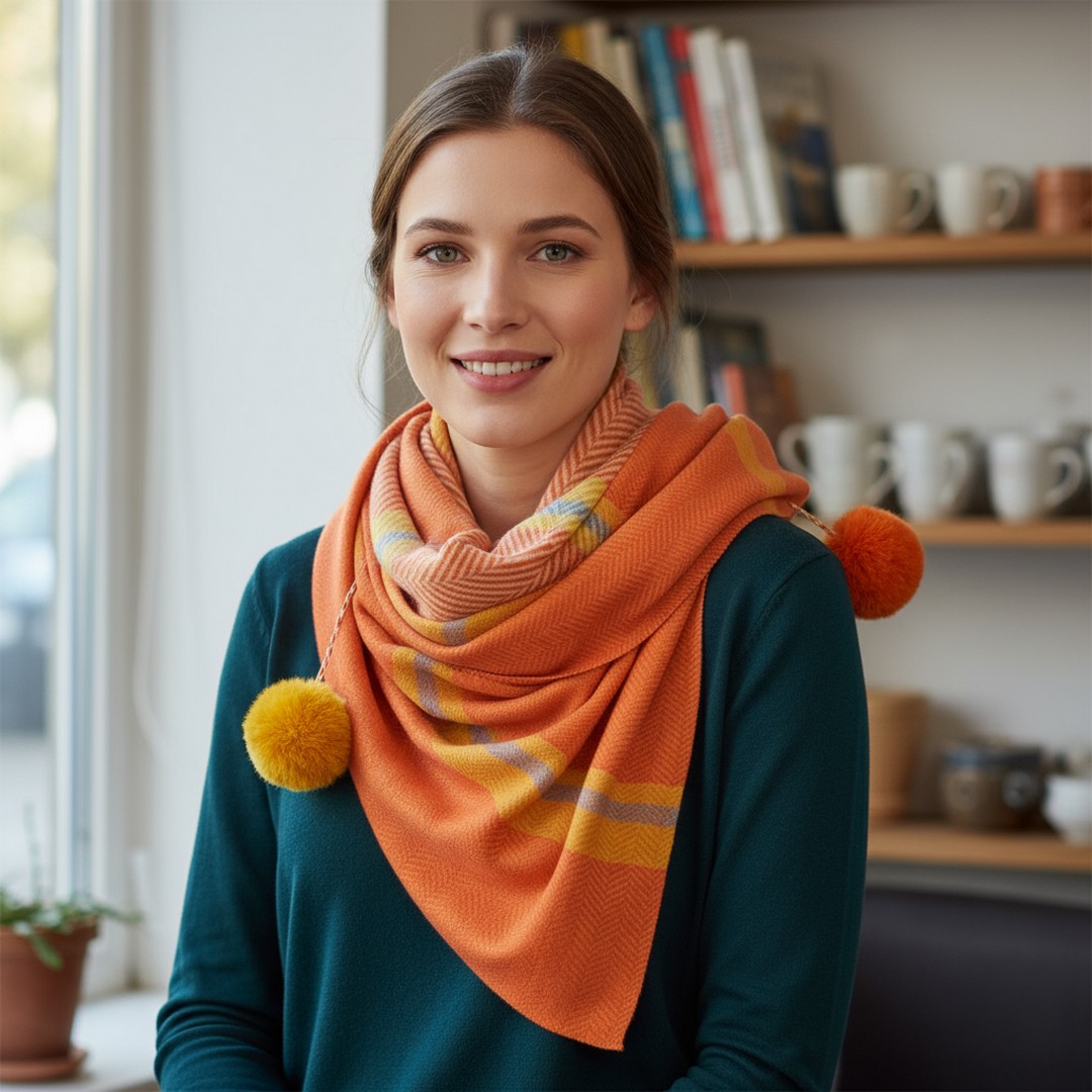 Schal Juul KORALLE mit Fischgrätenmuster und Pompons von Lot83