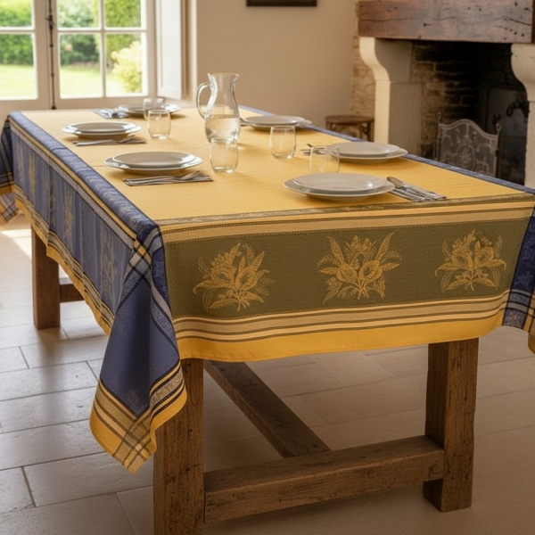 Gelbe Jacquard Tischdecke 250 x 160 cm mit Teflon Schutz