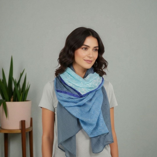 Ahmaddy Seiden Baumwolle Damen Tuch 180x180 cm Blautöne