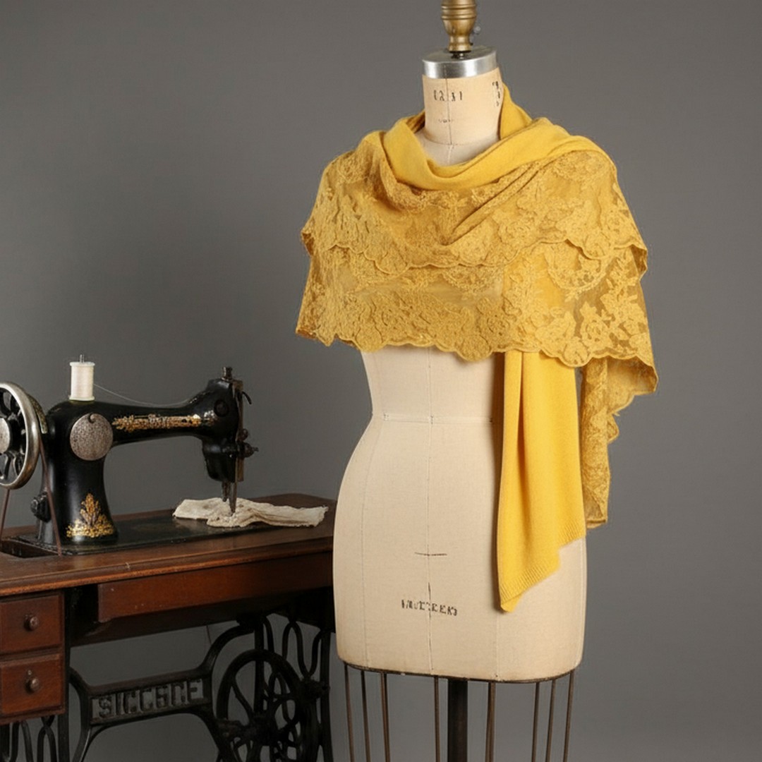 Elegante Stola OCKERGELB mit französischer Spitze & Cashmere