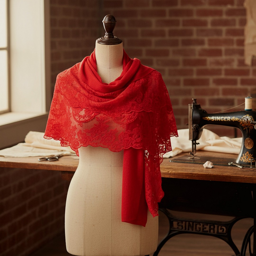 Elegante Stola ROT mit französischer Spitze & Cashmere