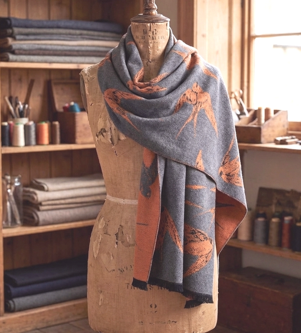 Warmes Schultertuch Damenschal grau mit Vogelprint