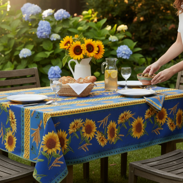 Lange rechteckige Tischdecke blau gelb 350 cm Sonnenblumen