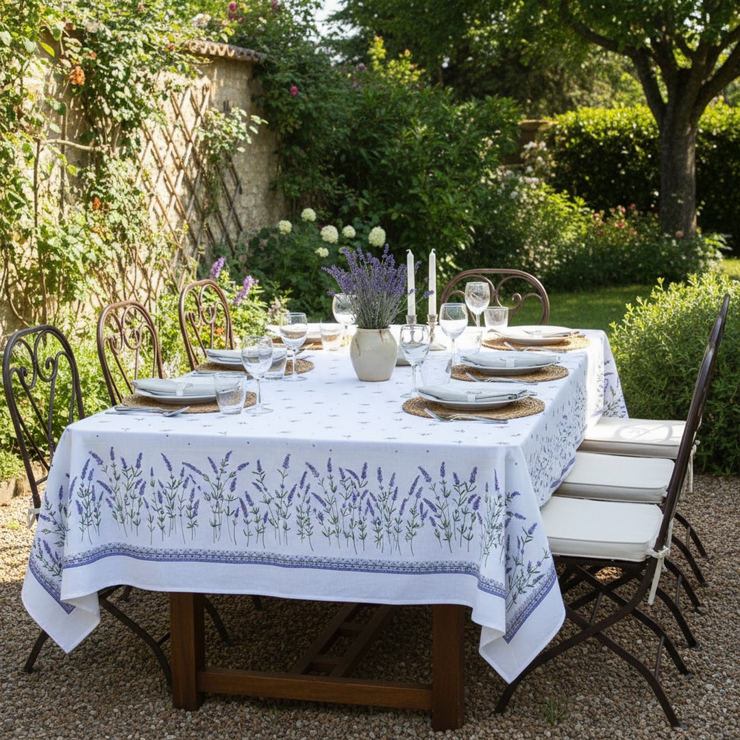 Provence Tischdecke aus Baumwolle 160 x 250 cm weiß mit Lavendelblüten