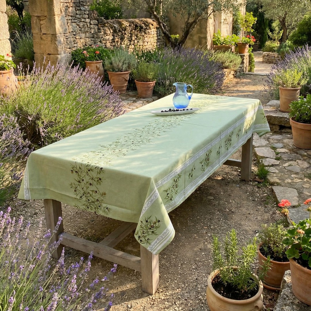 Provence Tischdecke 100% Baumwolle GRÜN 160 x 300 cm mit Olivenzweigen
