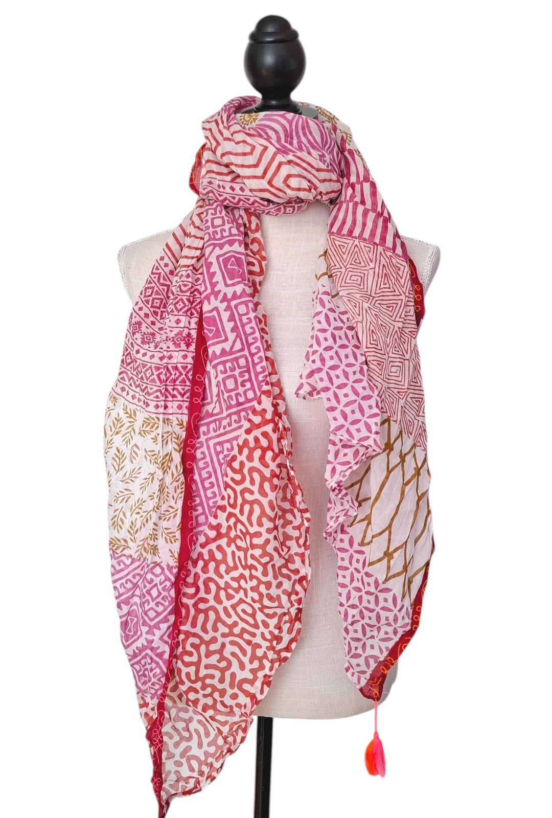 Sarah & Sally Schal 100% Baumwolle MAGENTA WEISS Handbedruckt – Bild 3