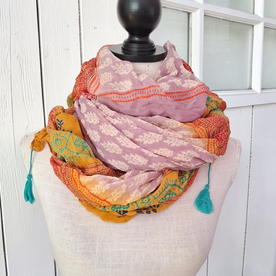 Sarah & Sally Schal 100% Baumwolle ROSA OCKER Handbedruckt – Bild 4