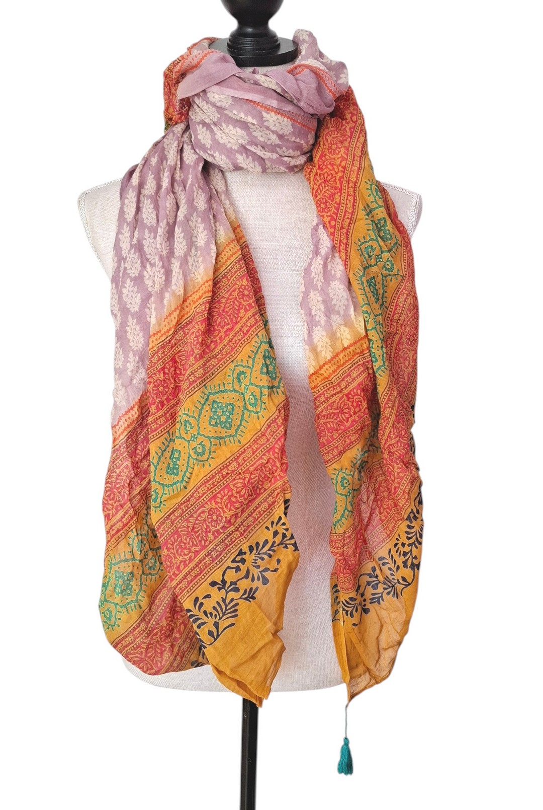Sarah & Sally Schal 100% Baumwolle ROSA OCKER Handbedruckt – Bild 3