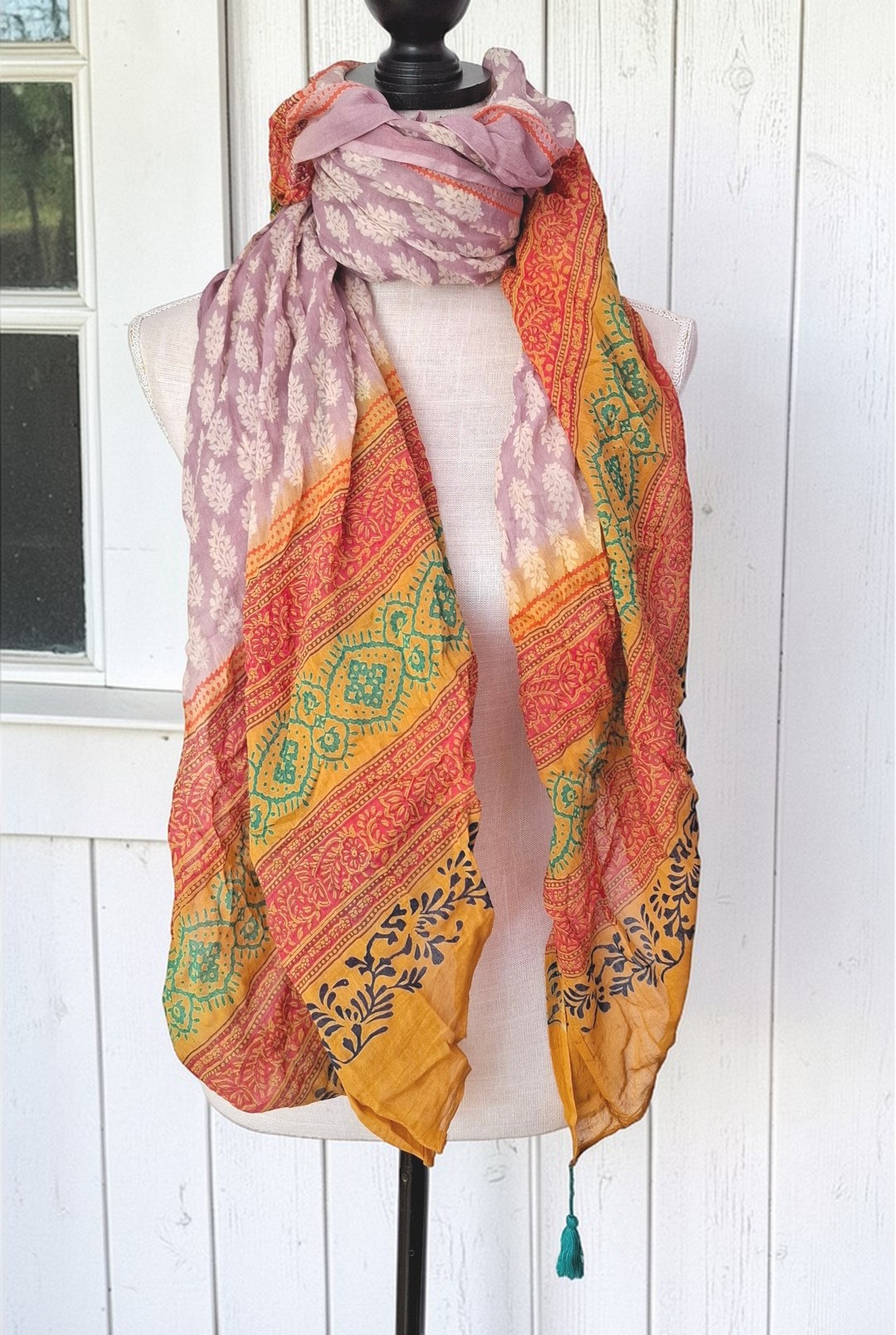 Sarah & Sally Schal 100% Baumwolle ROSA OCKER Handbedruckt