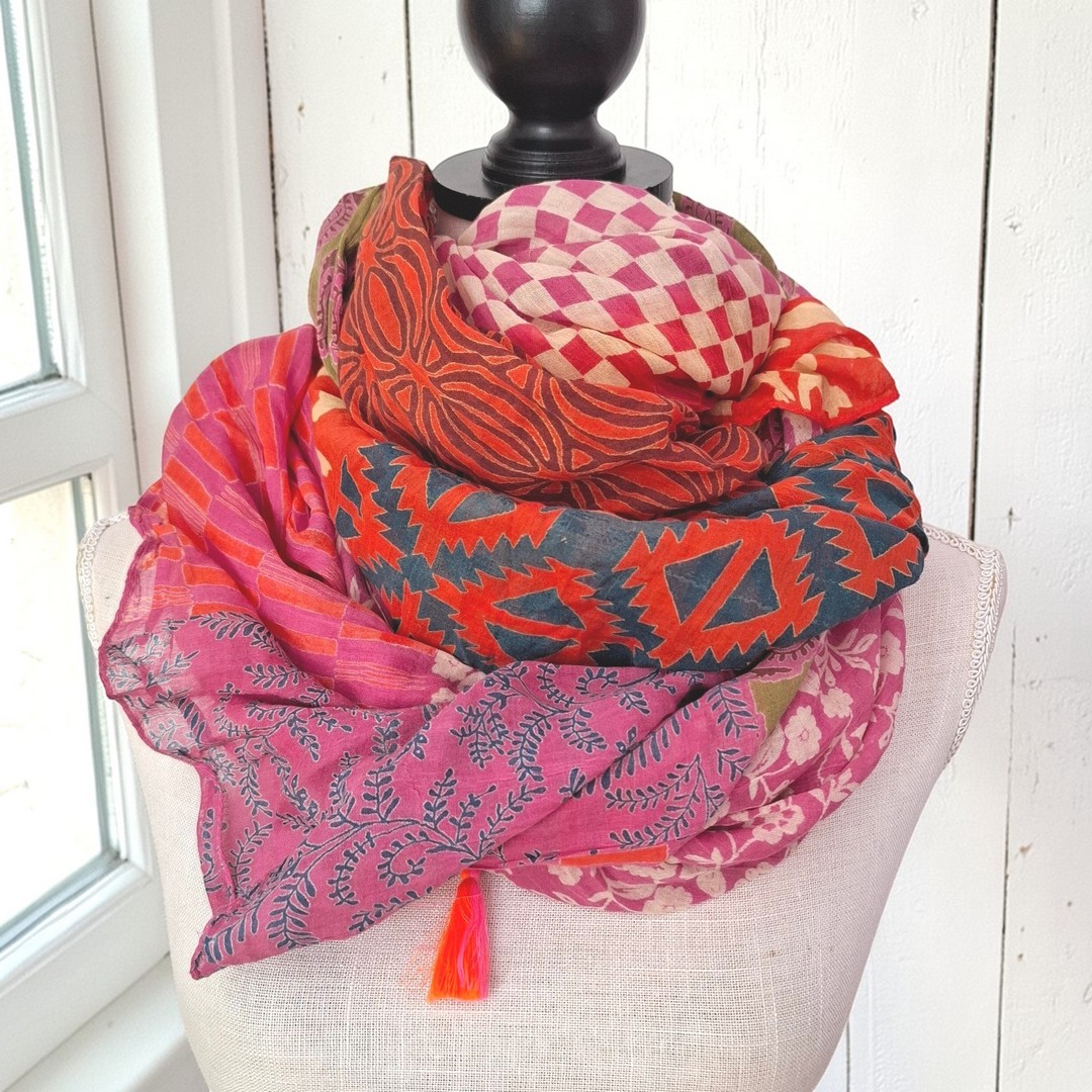 Sarah & Sally Schal 100% Baumwolle FUCHSIA BUNT Handbedruckt – Bild 4