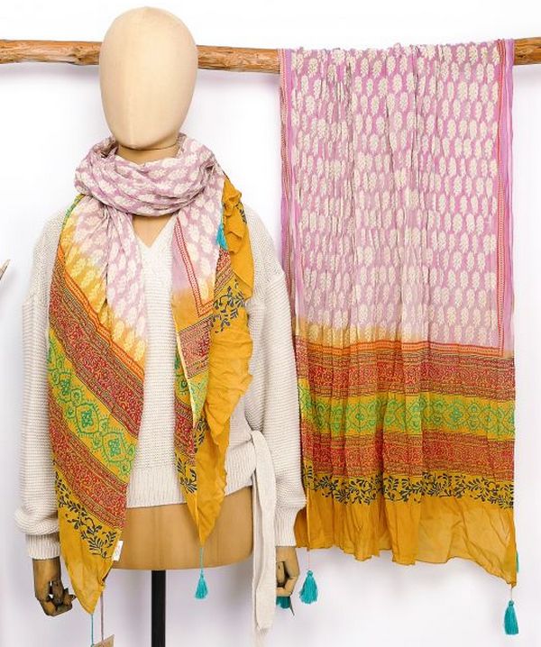 Sarah & Sally Schal 100% Baumwolle ROSA OCKER Handbedruckt – Bild 2