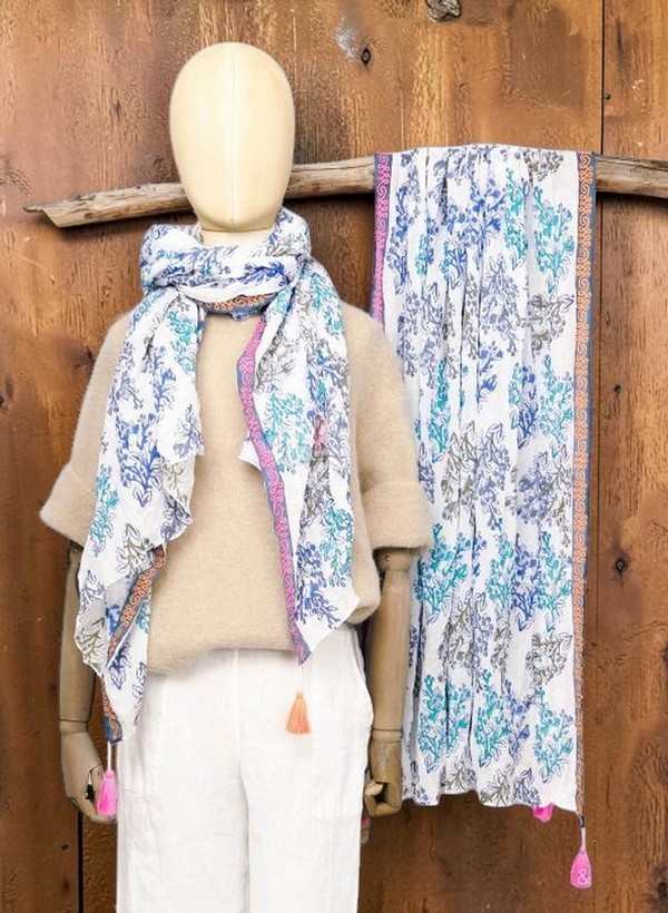 Sarah & Sally Schal 100% Baumwolle WEISS MIT ORNAMENTEN Handbedruckt – Bild 2