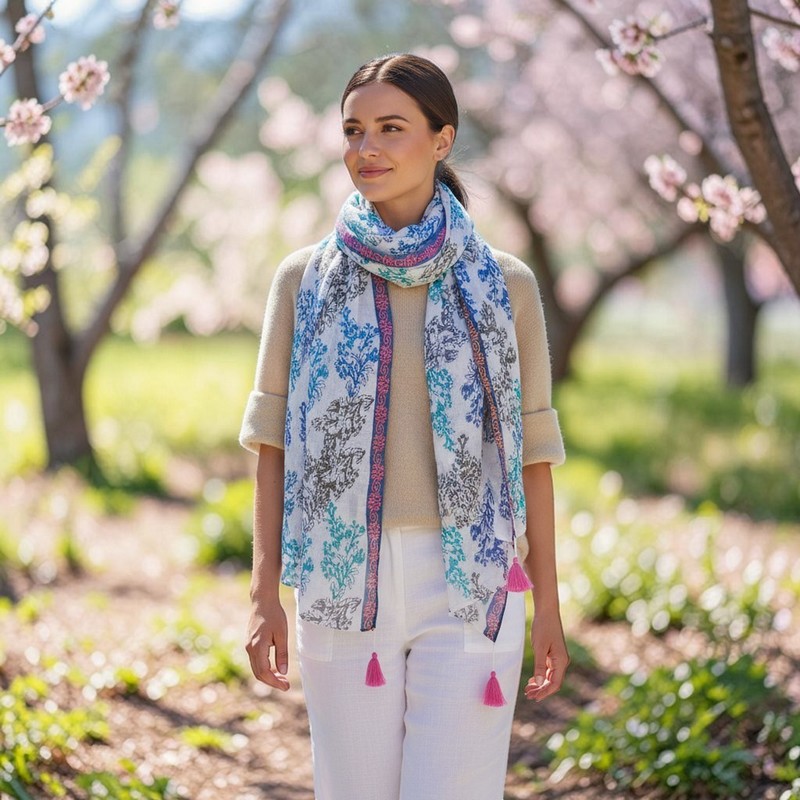 Sarah & Sally Schal 100% Baumwolle WEISS MIT ORNAMENTEN Handbedruckt