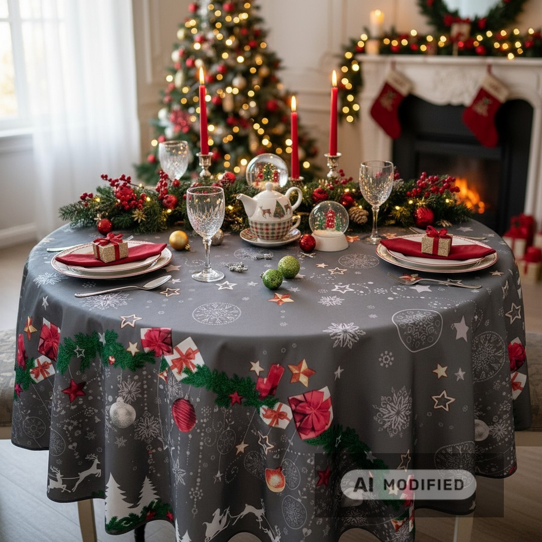 Pflegeleichte runde Tischdecke WEIHNACHTEN grau Ø160 cm